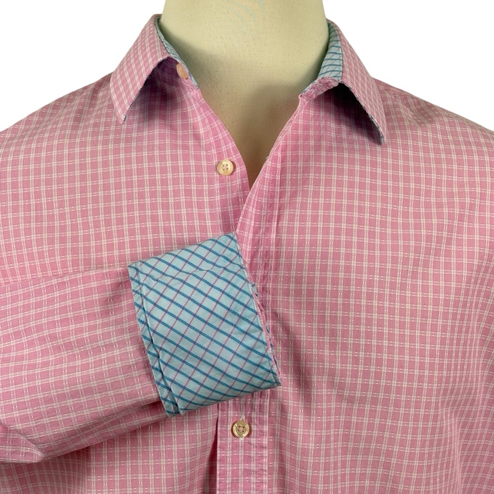 Men's Quieti Flip Cuff Pink/White‎ Plaid 100% Fine Cotton Button Down XL